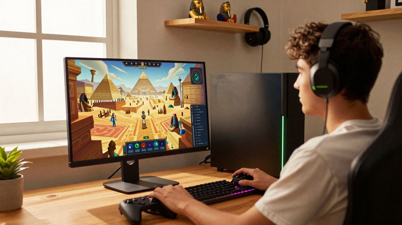 Jovem a jogar videojogo com cenário de pirâmides egípcias num ambiente de escritório doméstico iluminado.