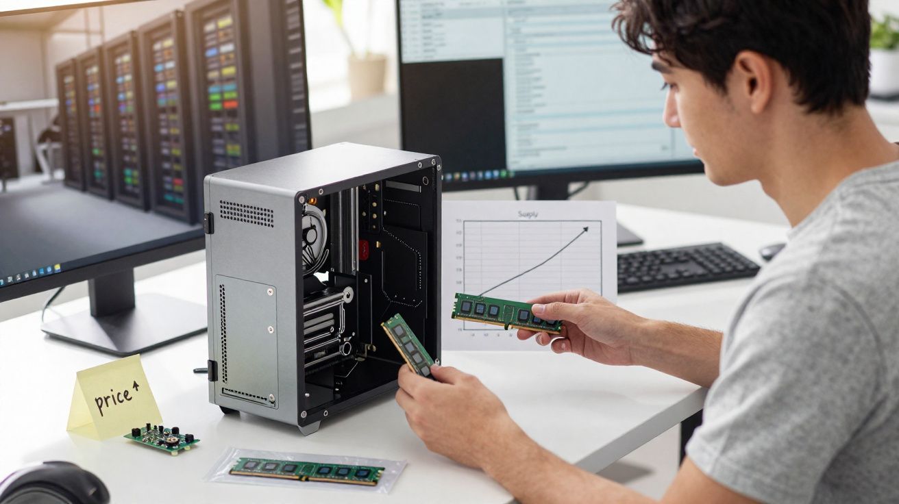 Pessoa a montar computador com memórias RAM, gráficos em monitores e nota com "price" numa secretária branca.