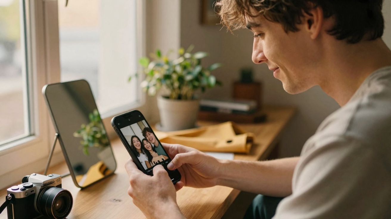 Jovem a olhar para uma foto no telemóvel sentado numa secretária junto à janela.