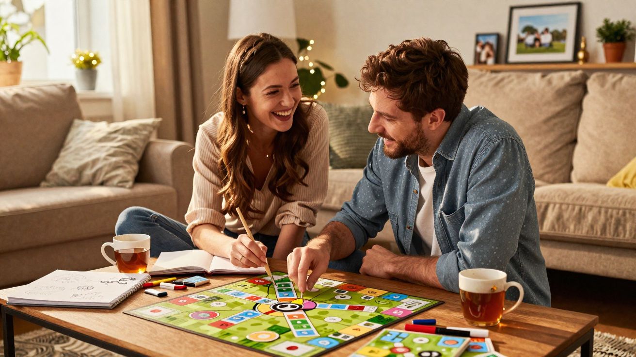 Casal a sorrir e jogar jogo de tabuleiro numa sala acolhedora com chá e cadernos na mesa.