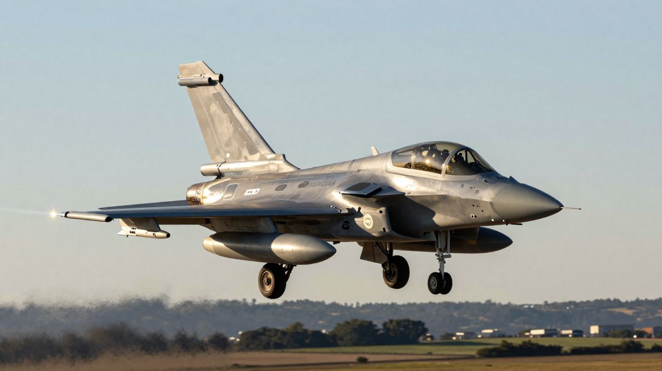 Avião de caça militar cinzento a aterrar em pista durante o dia com céu limpo ao fundo.