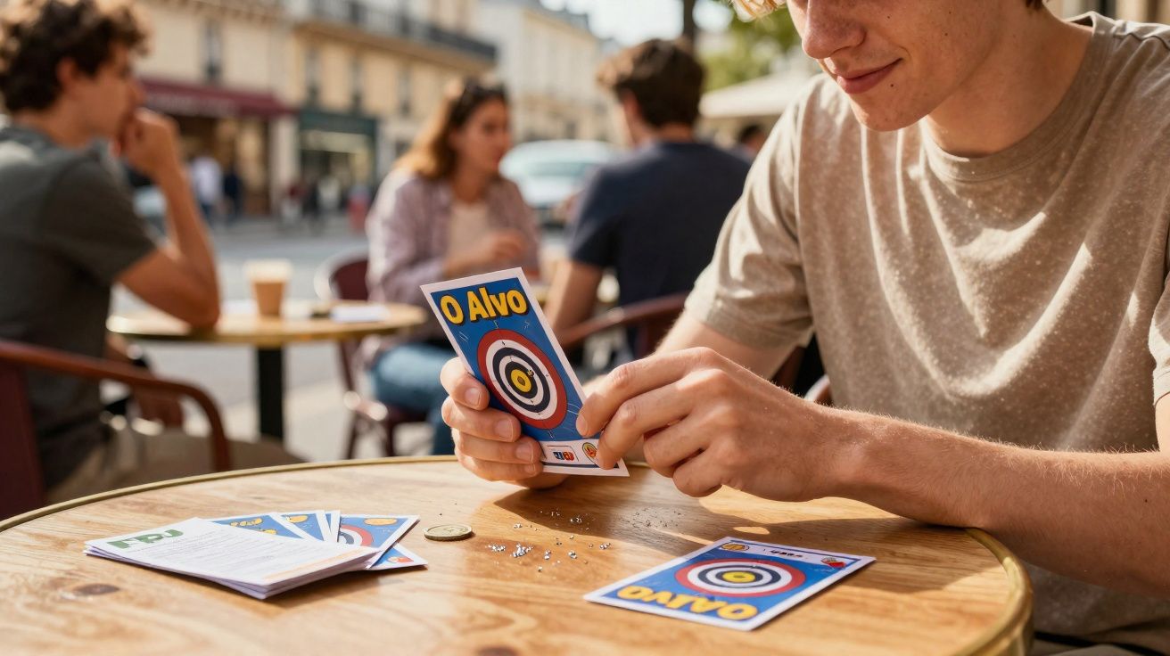 Jovem a jogar cartas do jogo "O Alvo" numa mesa ao ar livre com outras pessoas ao fundo.
