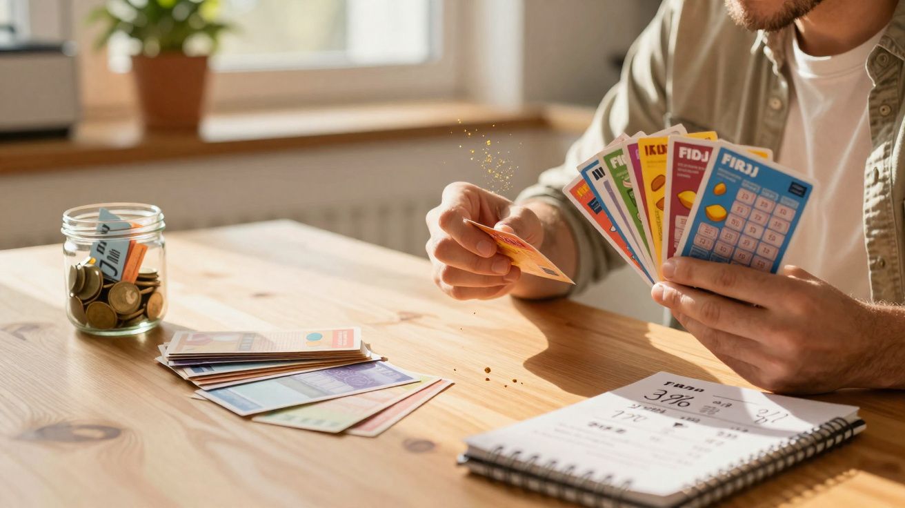Pessoa a segurar várias cartas e a organizar finanças numa mesa de madeira, com moedas num frasco ao lado.