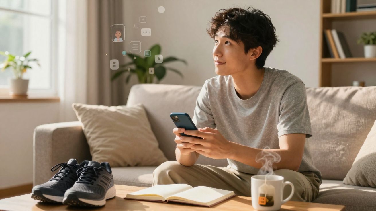 Jovem sentado no sofá com telemóvel, ténis, caderno aberto e chá fumegante numa sala iluminada.