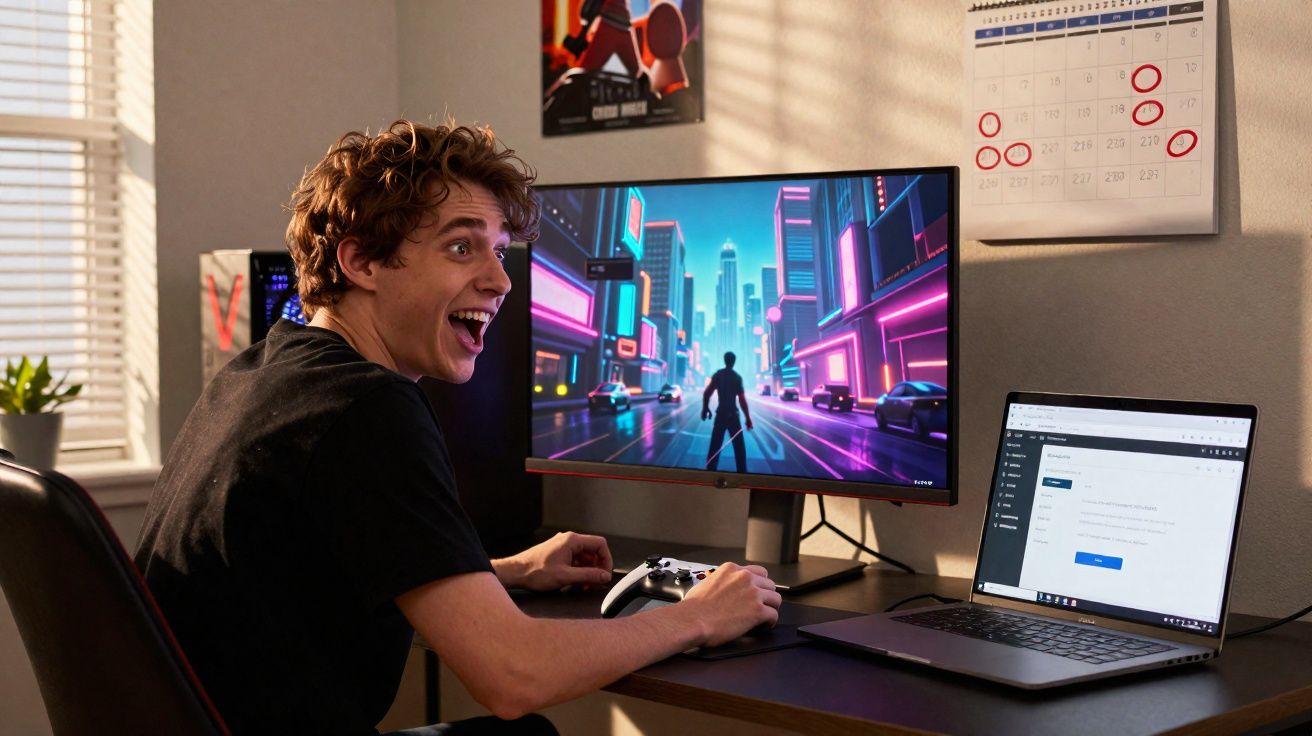 Jovem animado sentado a jogar videojogo num computador com mesa e calendário ao fundo.