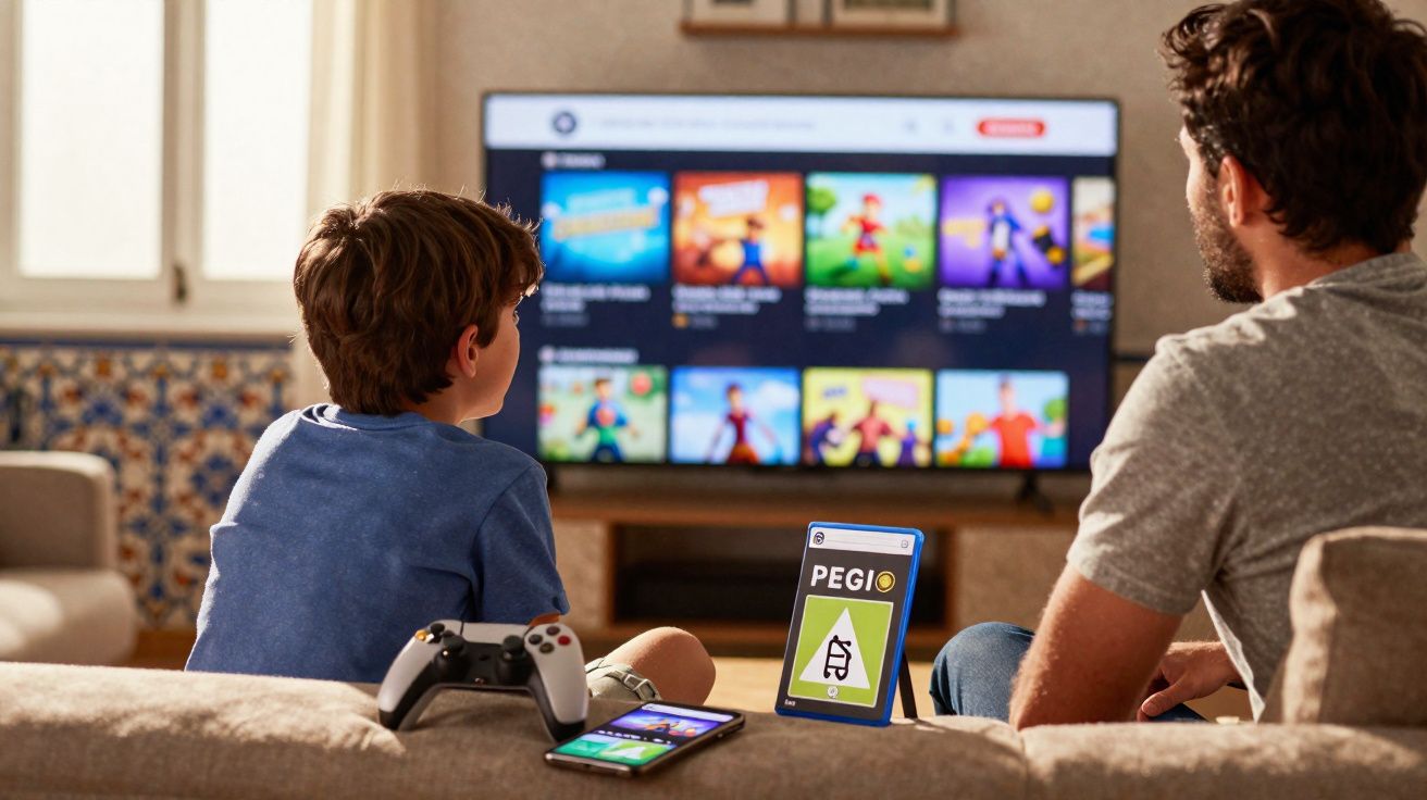 Criança e adulto sentados no sofá a jogar videojogos na televisão com comando e smartphone à frente.