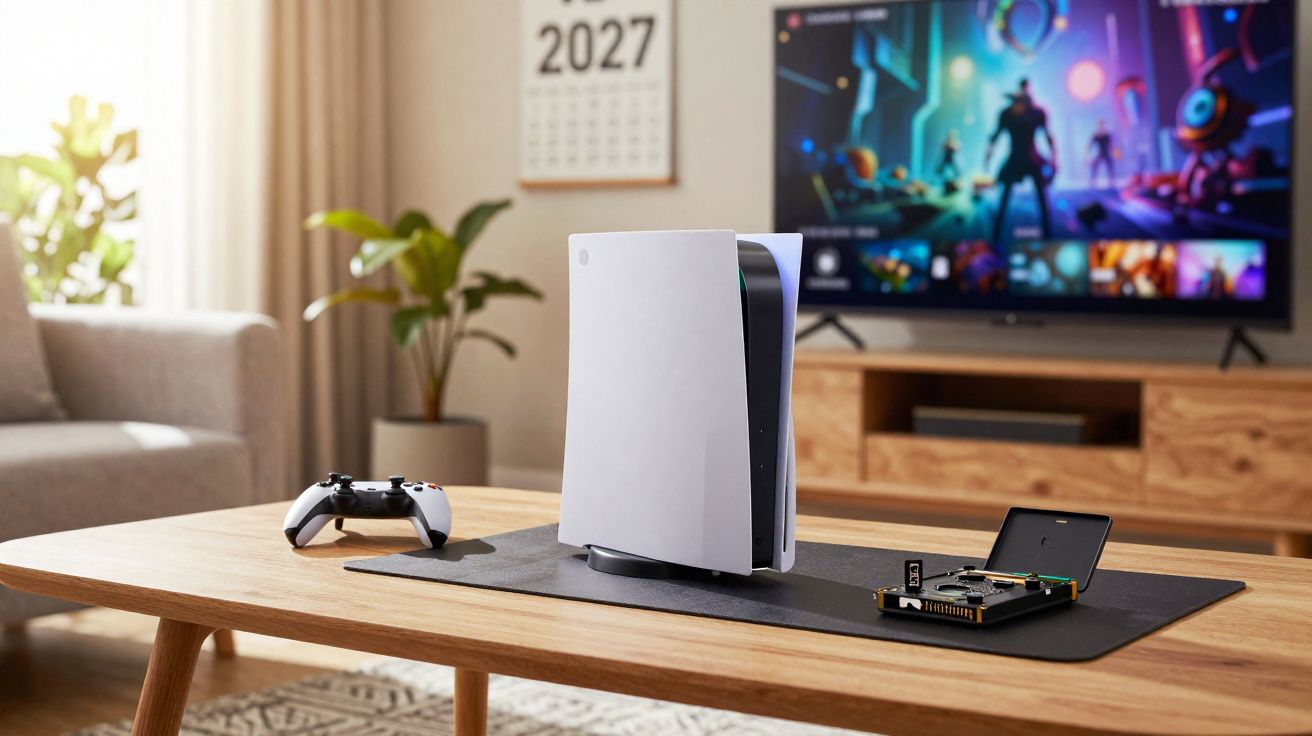 Consola PS5, comando e componentes eletrónicos numa mesa de madeira em sala com televisão ao fundo.