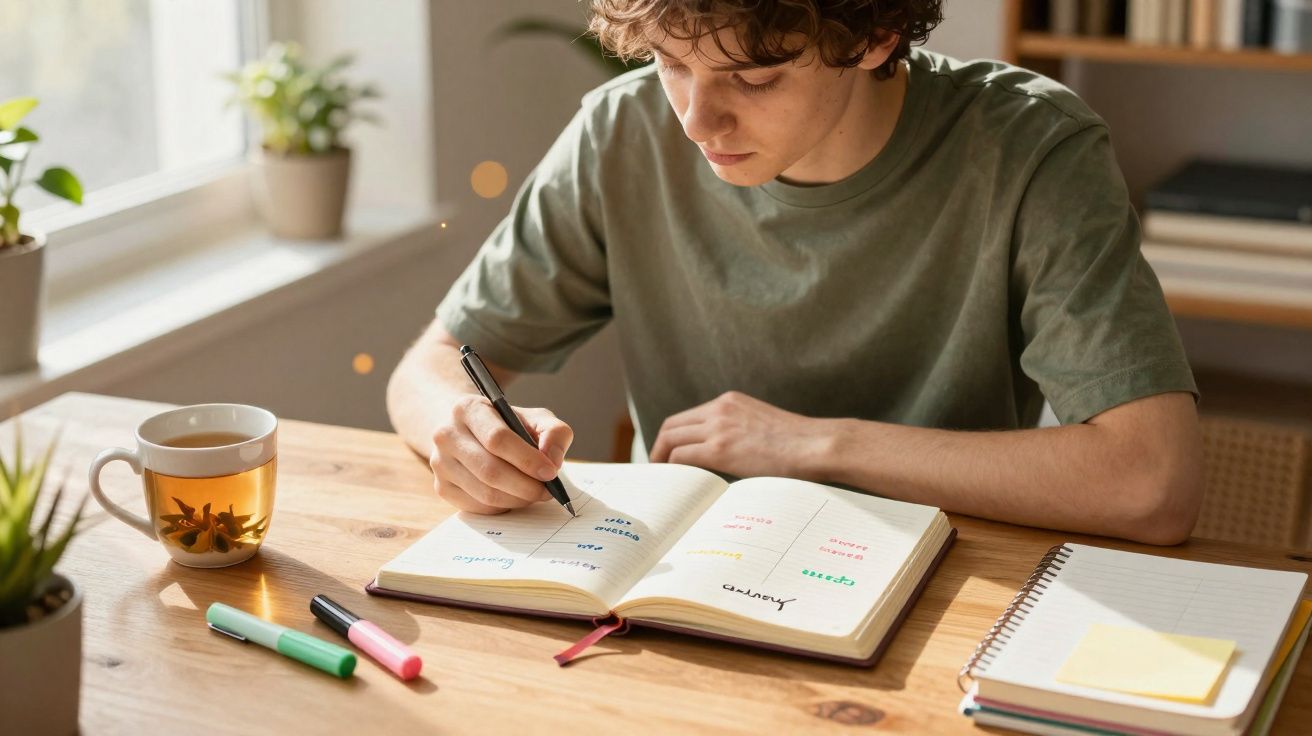 Jovem sentado à mesa a escrever num caderno, com canetas de feltro e chá ao lado, num ambiente iluminado.