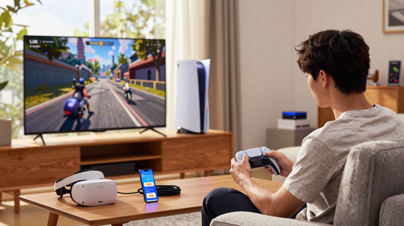 Homem sentado no sofá a jogar videojogo de corrida de motociclos na televisão com comando na mão.