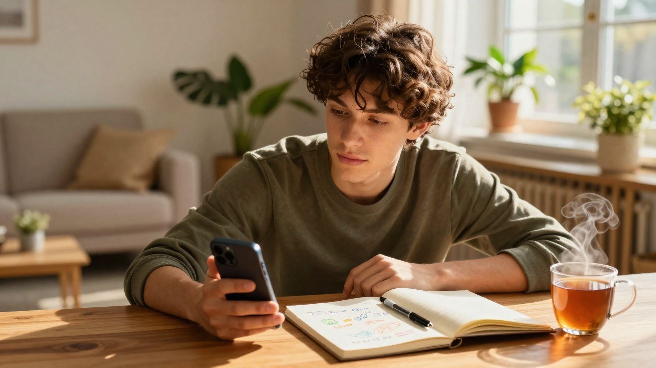Jovem sentado à mesa, a olhar para o telemóvel, com caderno aberto e chá quente ao lado numa sala iluminada.