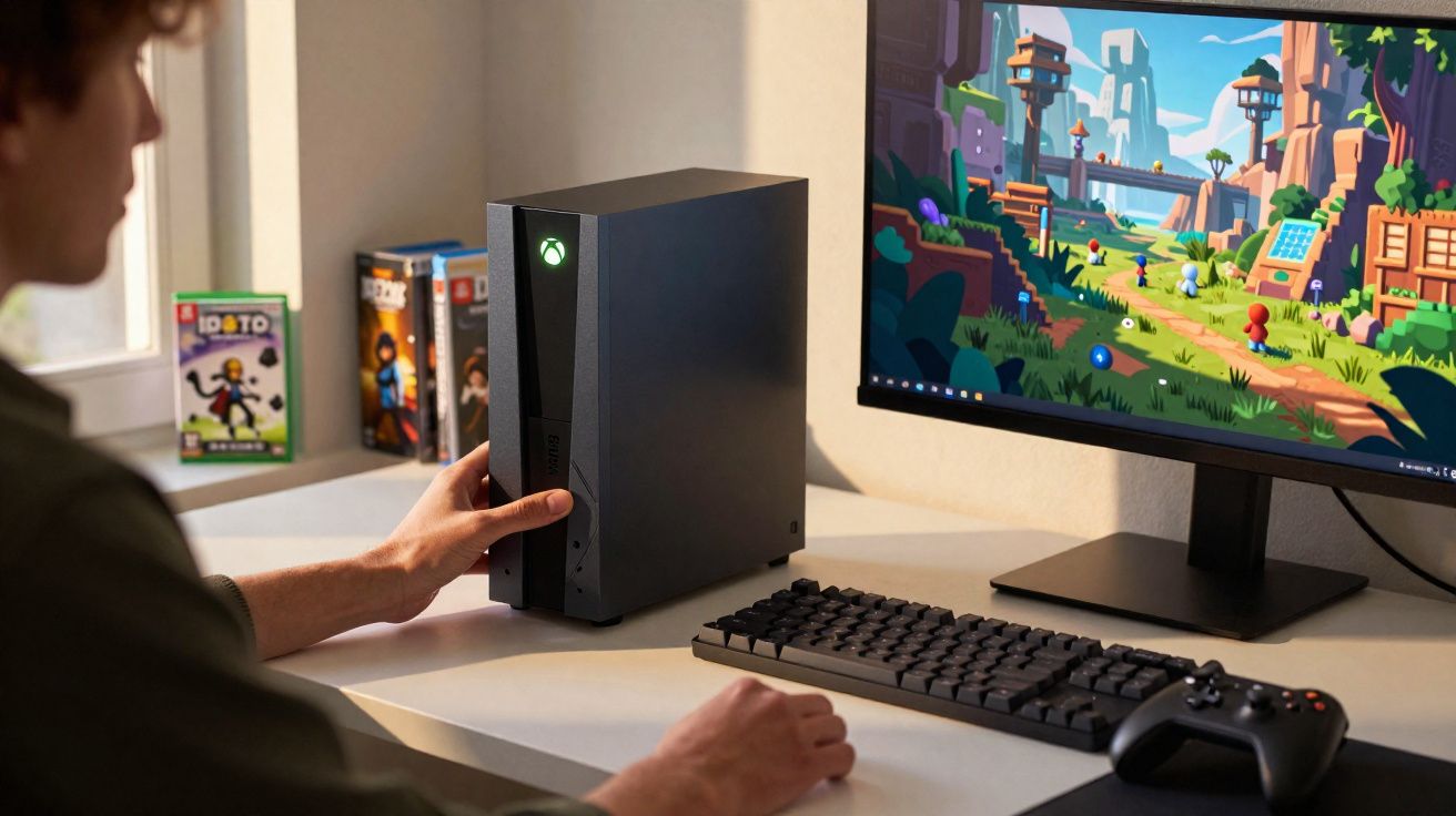 Pessoa a usar consola Xbox Series X ligada a monitor com jogo colorido e comandos à frente numa secretária.