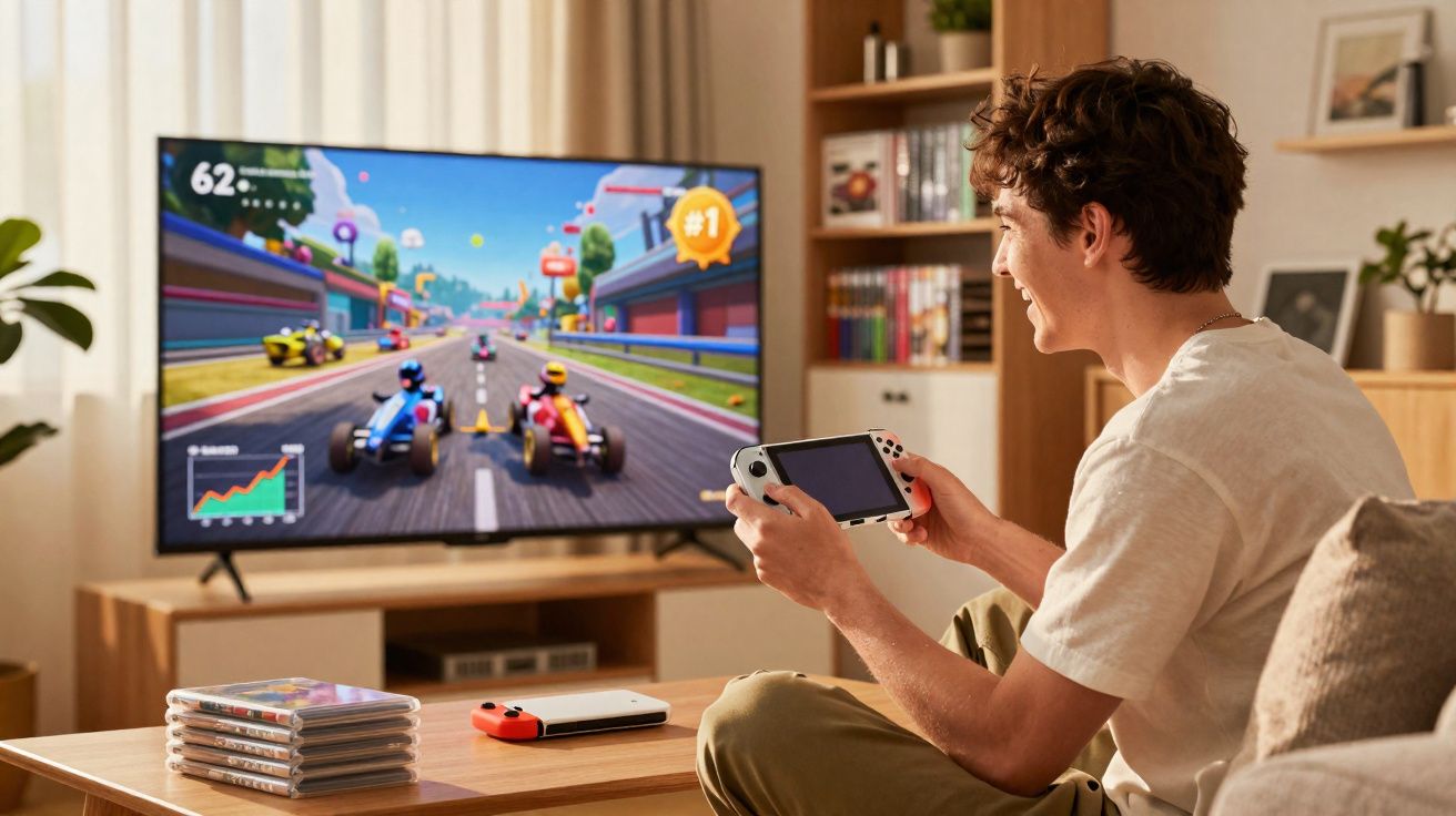 Jovem sentado no sofá a jogar videojogo de corridas numa consola portátil com TV ao fundo.