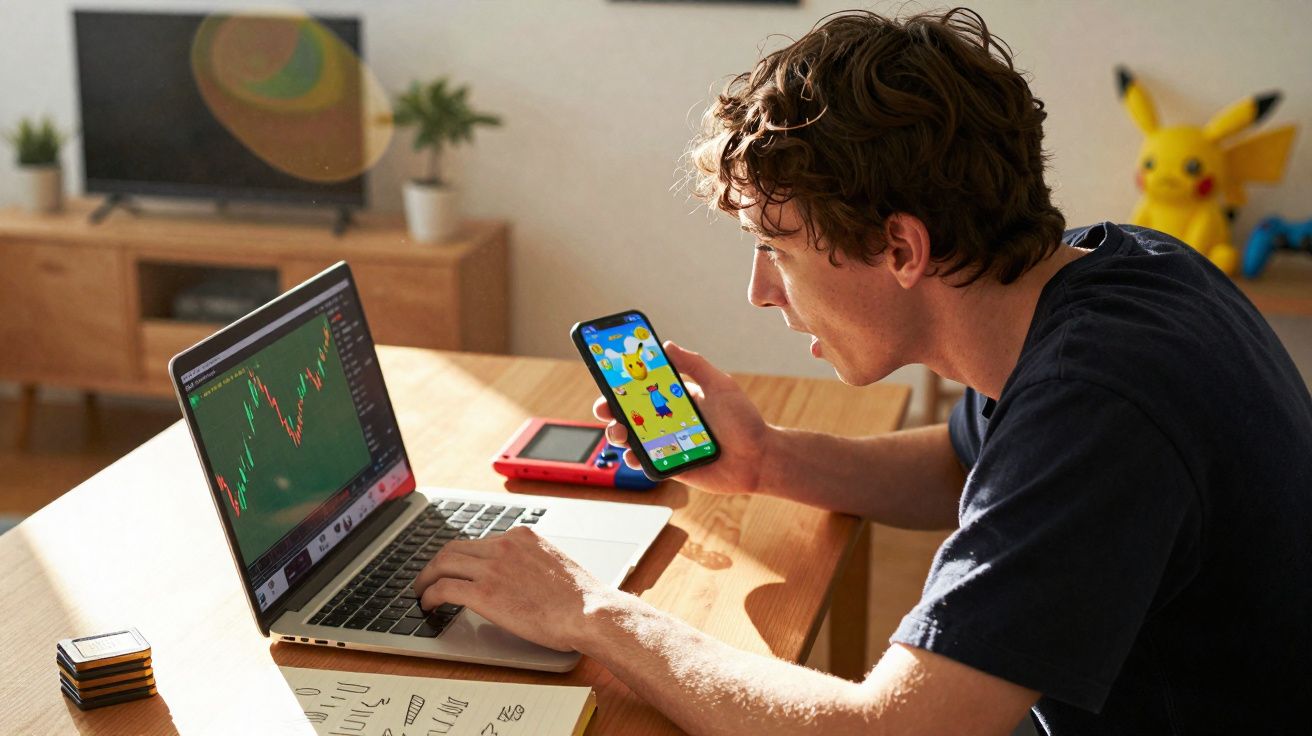 Jovem sentado numa mesa, usando portátil com gráfico financeiro e a jogar jogo de Pikachu no telemóvel.