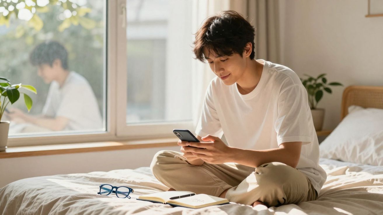 Jovem sentado na cama a olhar para o telemóvel, com caderno e óculos ao seu lado, junto a uma janela.