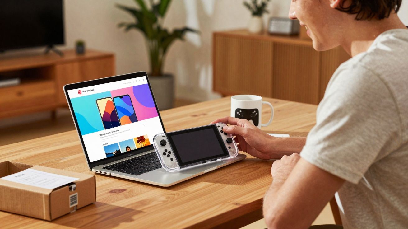 Pessoa segura consola portátil transparente sentada à mesa com computador portátil aberto ao fundo.