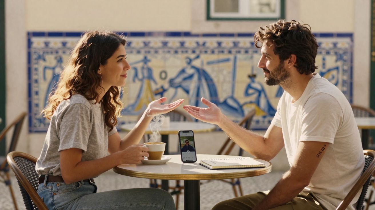 Duas pessoas conversam animadamente numa esplanada com azulejos tradicionais ao fundo, uma bebe café.