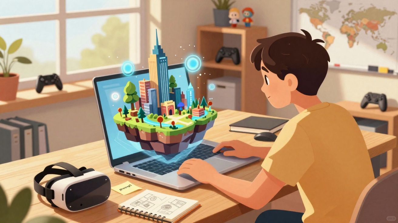 Rapaz a explorar cidade virtual em holograma num portátil, com óculos de realidade virtual na mesa.