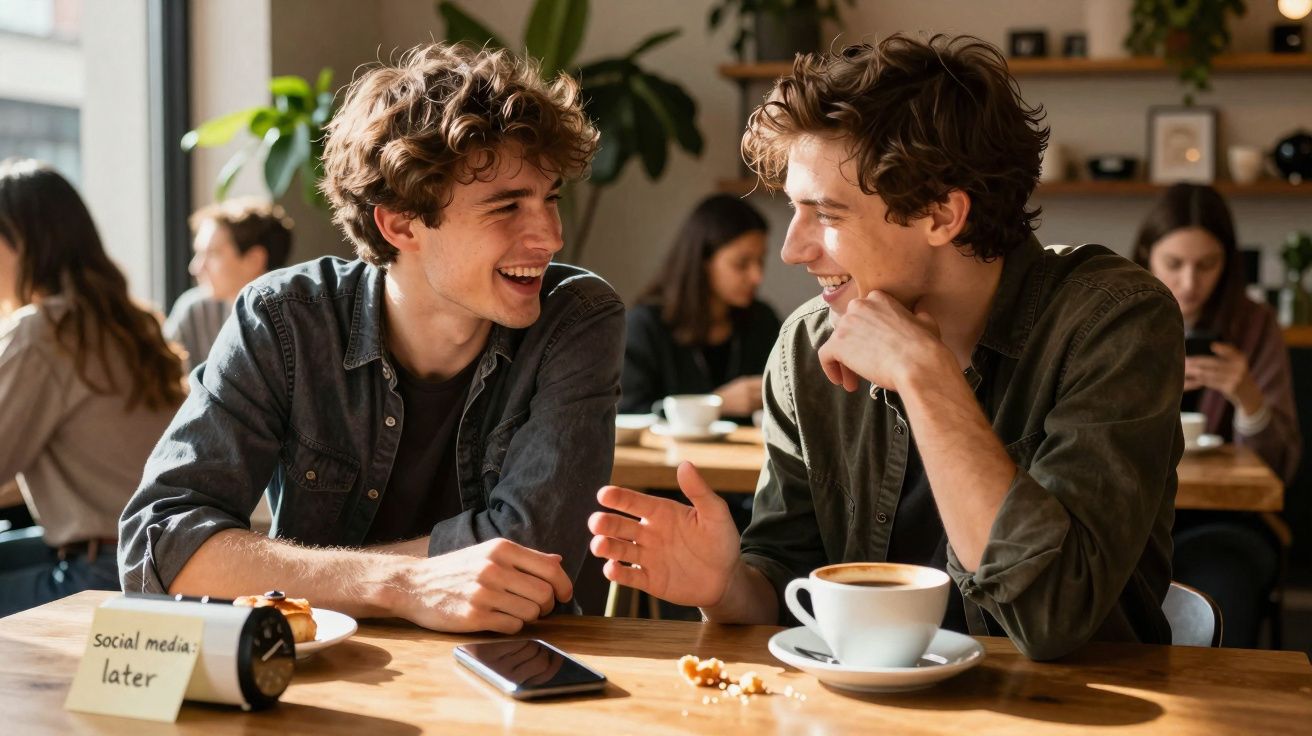 Dois jovens conversam e riem num café, com chávenas de café e telemóvel na mesa em madeira.