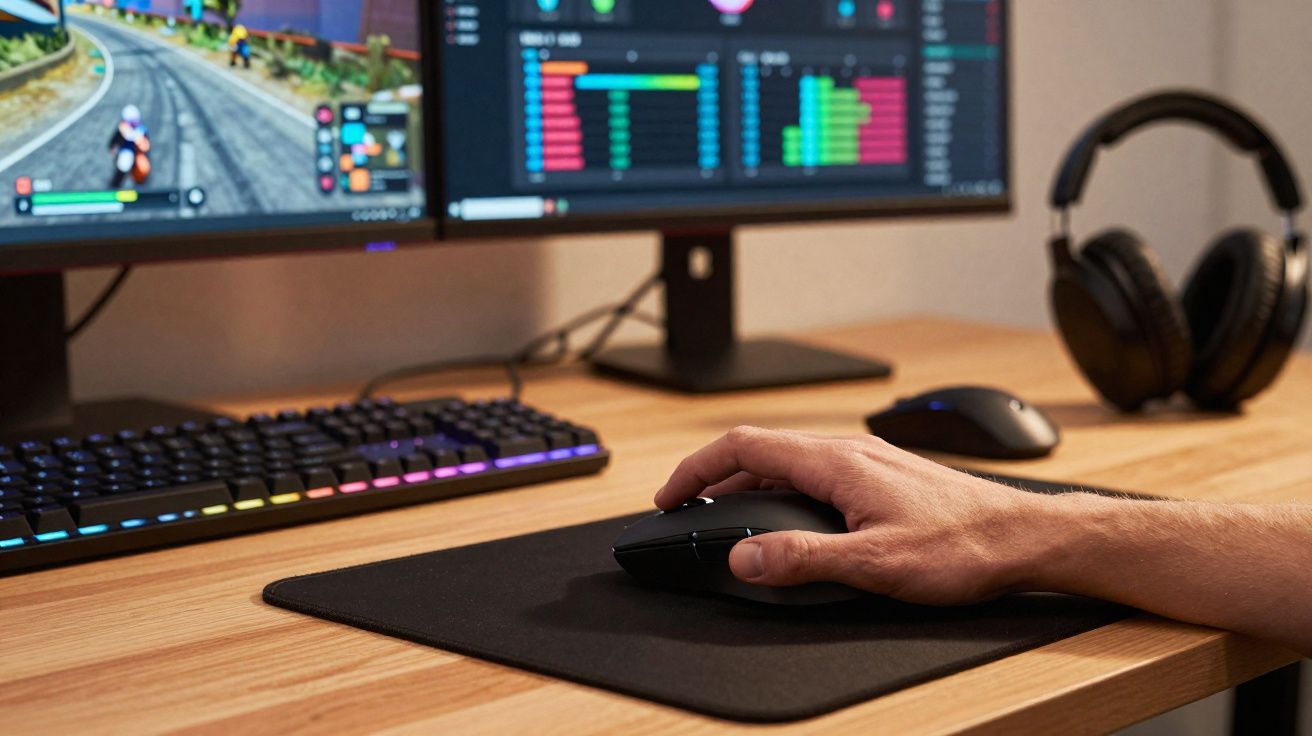 Mesa com teclado RGB, rato sobre tapete de rato, auscultadores e dois monitores com videojogo e gráficos visíveis.