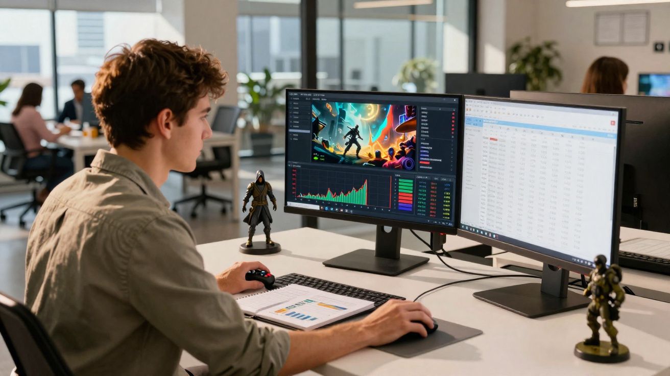 Jovem a trabalhar num escritório com dois monitores, um com gráficos e jogo, outro com folha de cálculo.
