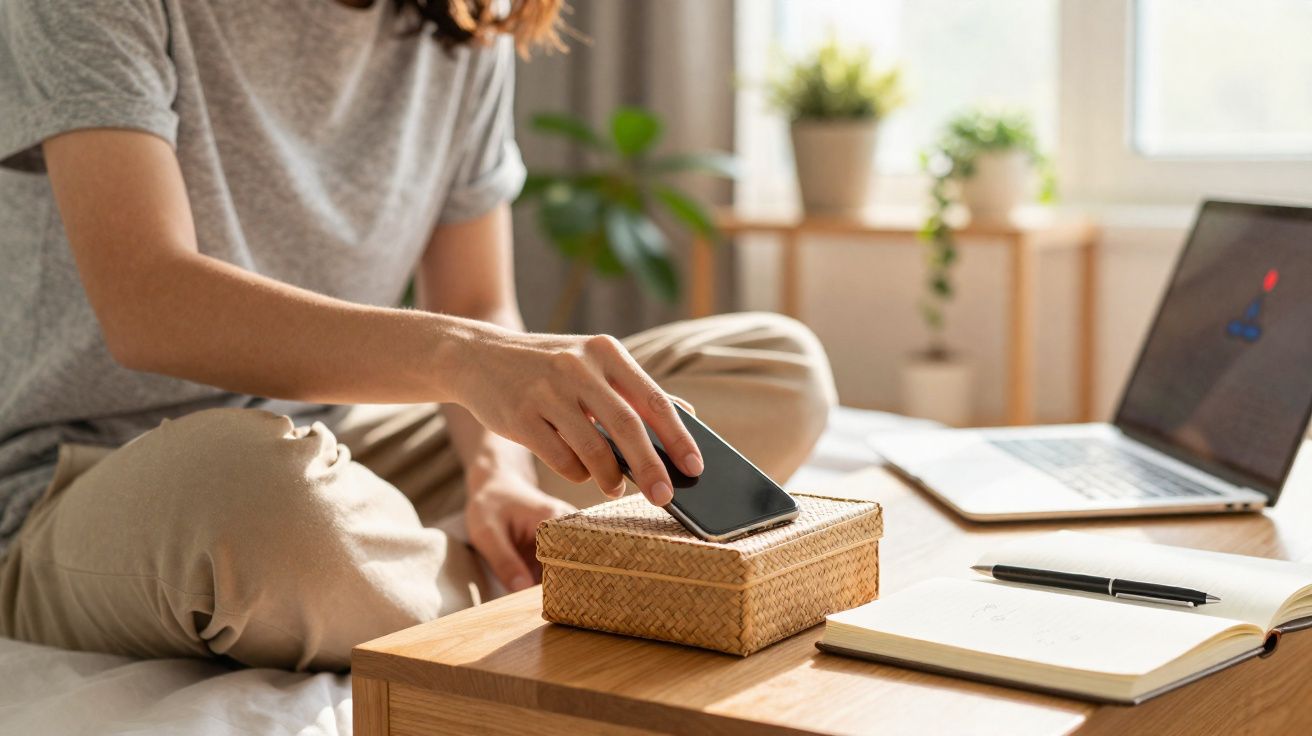 Pessoa a carregar telemóvel sem fios em caixa de palha, junto a portátil e caderno numa mesa de madeira.
