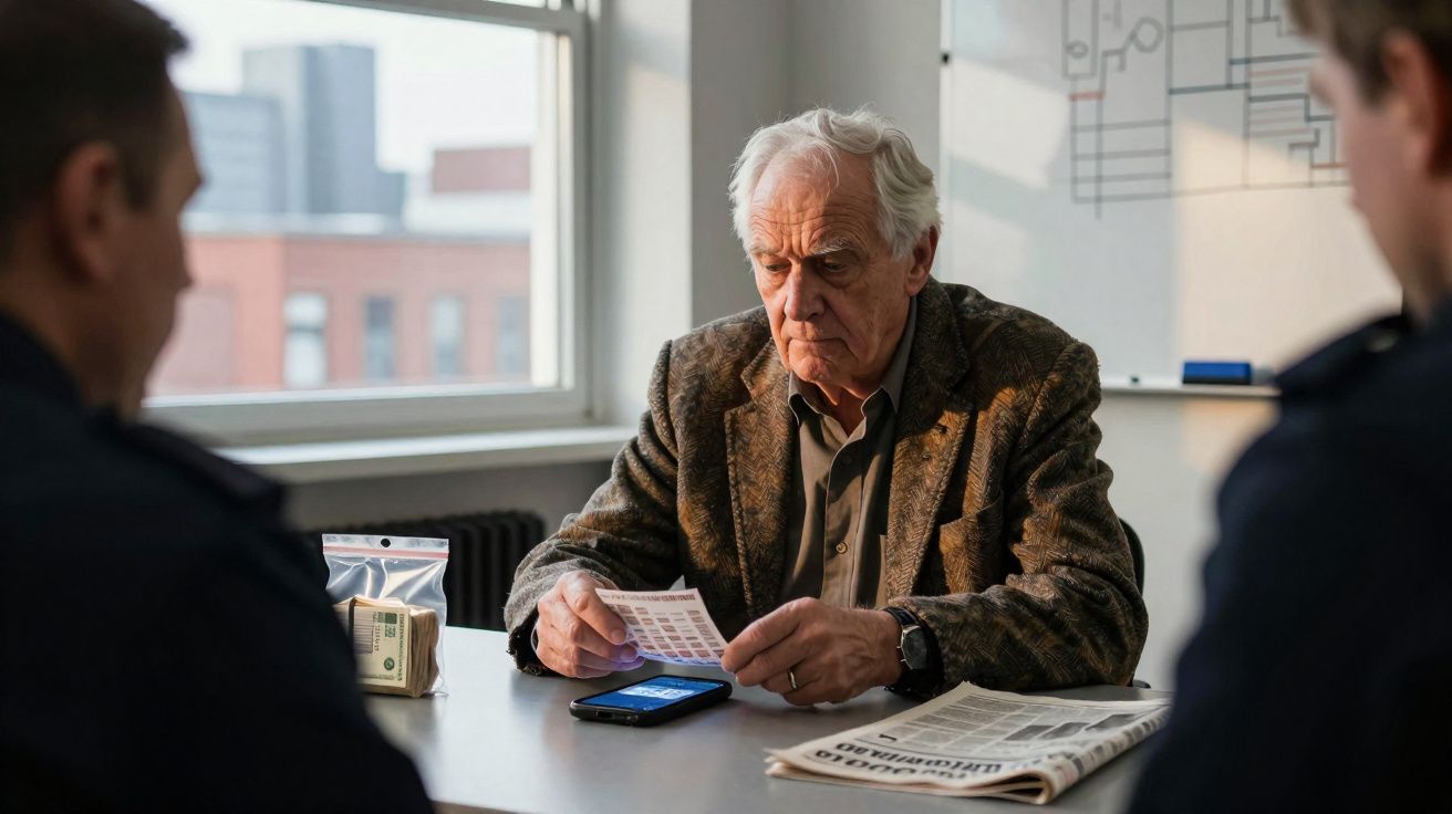 Homem idoso sentado à mesa, segurando documentos, com dois homens em uniforme frente a ele.