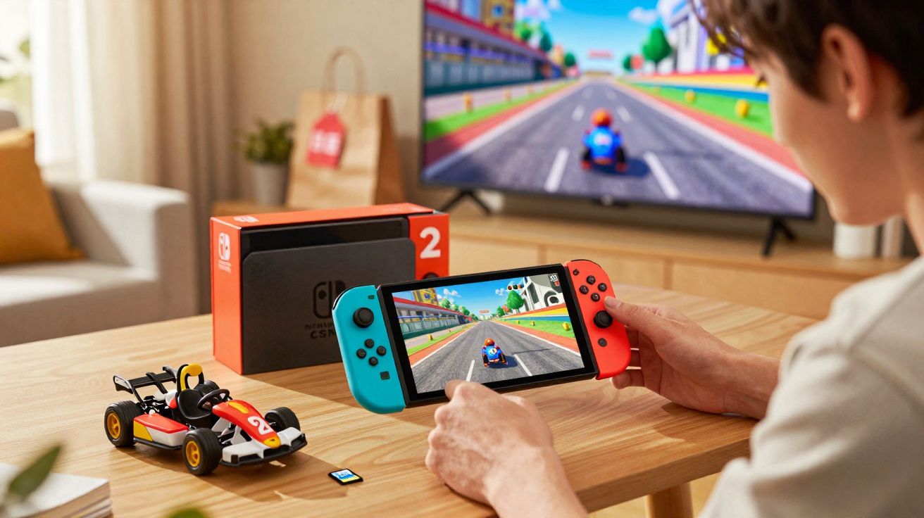 Pessoa a jogar Mario Kart numa consola Nintendo Switch com televisor e caixa na mesa de madeira à frente.