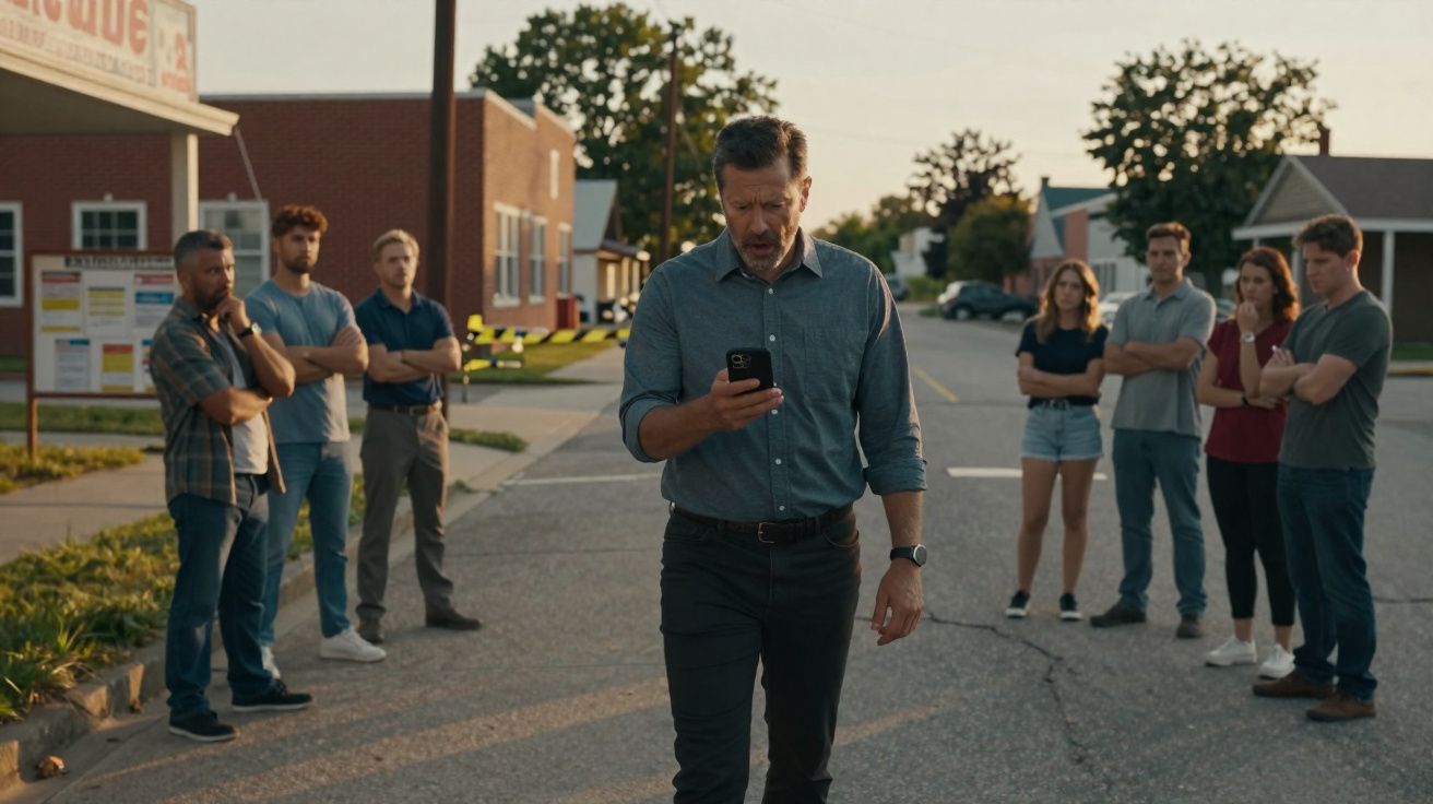 Homem olhando para telemóvel na rua, com grupo de pessoas a observá-lo ao longe, num ambiente urbano.