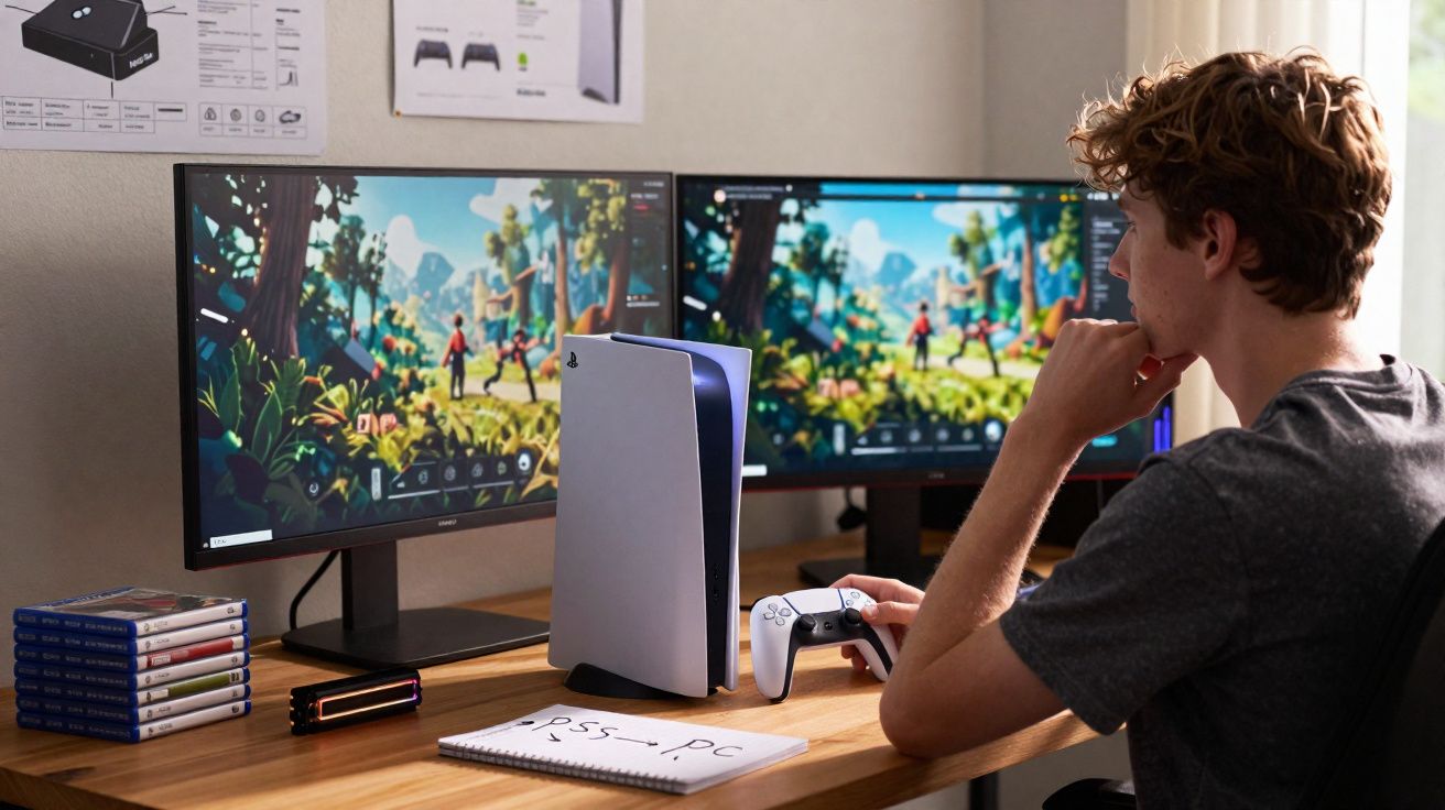 Jovem sentado a jogar num comando PS5 com dois ecrãs e consola PS5 numa secretária organizada.