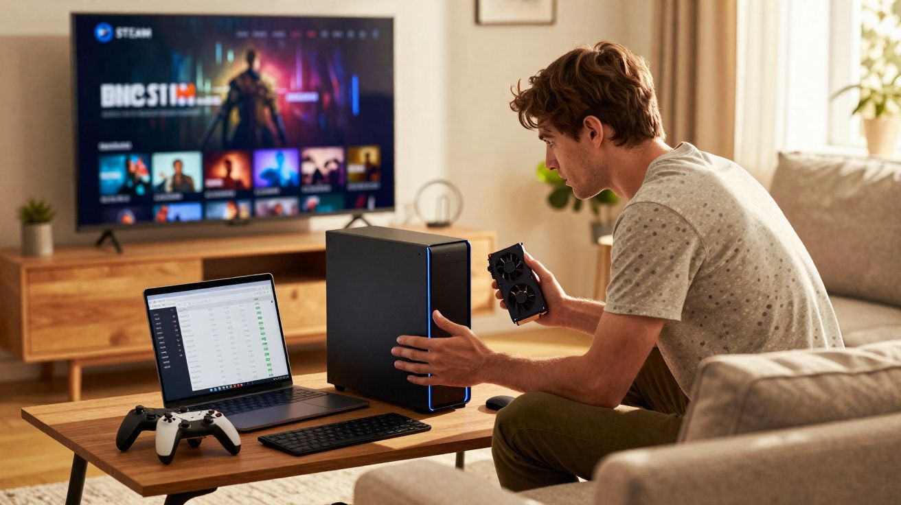 Homem a montar um computador de secretária com componentes eletrónicos numa sala de estar moderna.