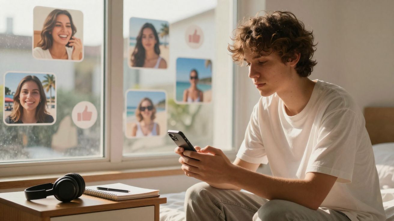 Jovem sentado na cama a usar telemóvel, com fotos de pessoas e ícones de aprovação na janela ao fundo.