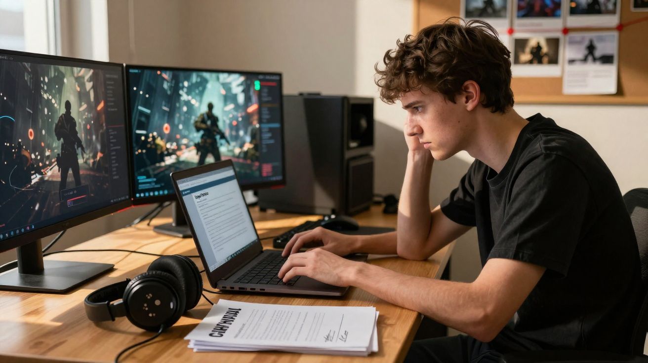 Jovem sentado numa secretária a trabalhar num computador portátil, ladeado por dois monitores com videojogo e documentos.