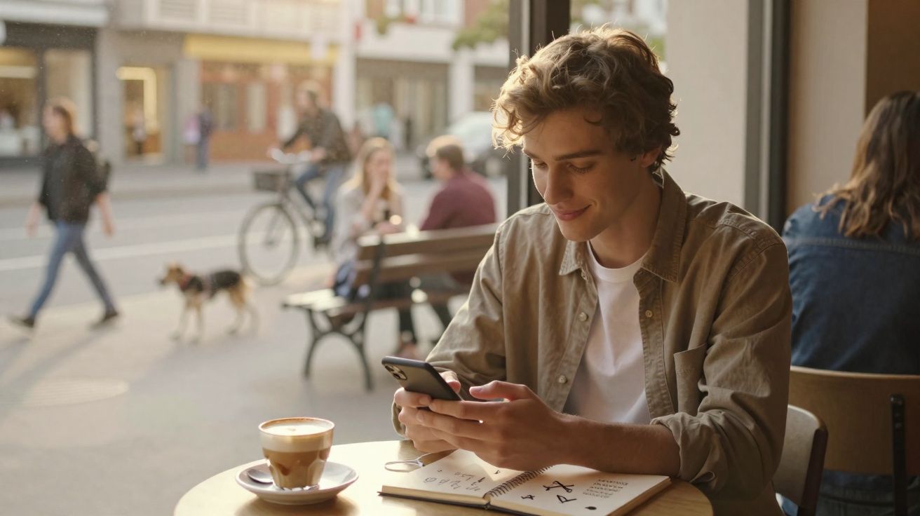 Jovem a sorrir enquanto usa telemóvel num café, com uma chávena de café e agenda na mesa.