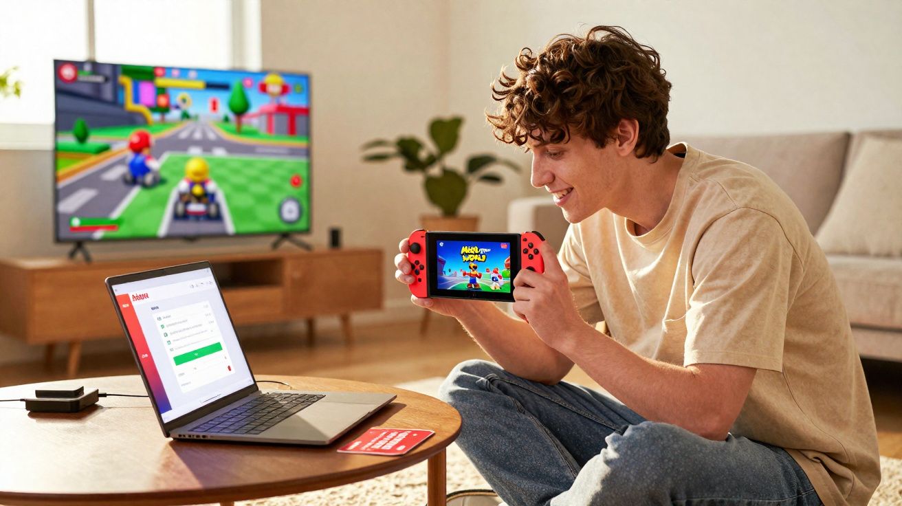 Jovem sentado no chão a jogar numa consola portátil com ecrã ligado na televisão e portátil na mesa.