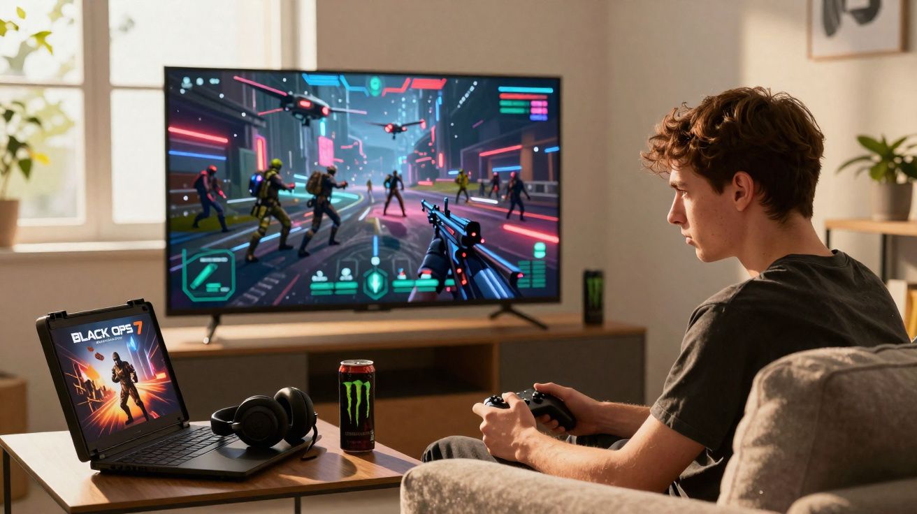 Jovem a jogar videojogo de ação numa televisão, com portátil, auscultadores e bebida ao lado.