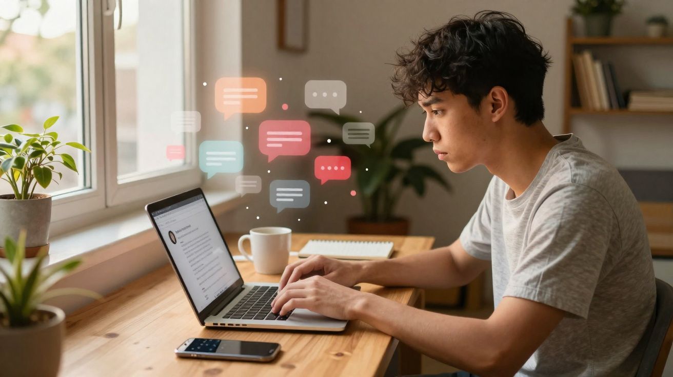 Jovem a usar laptop numa mesa de madeira com plantas, telemóvel e gráficos de mensagens flutuantes.
