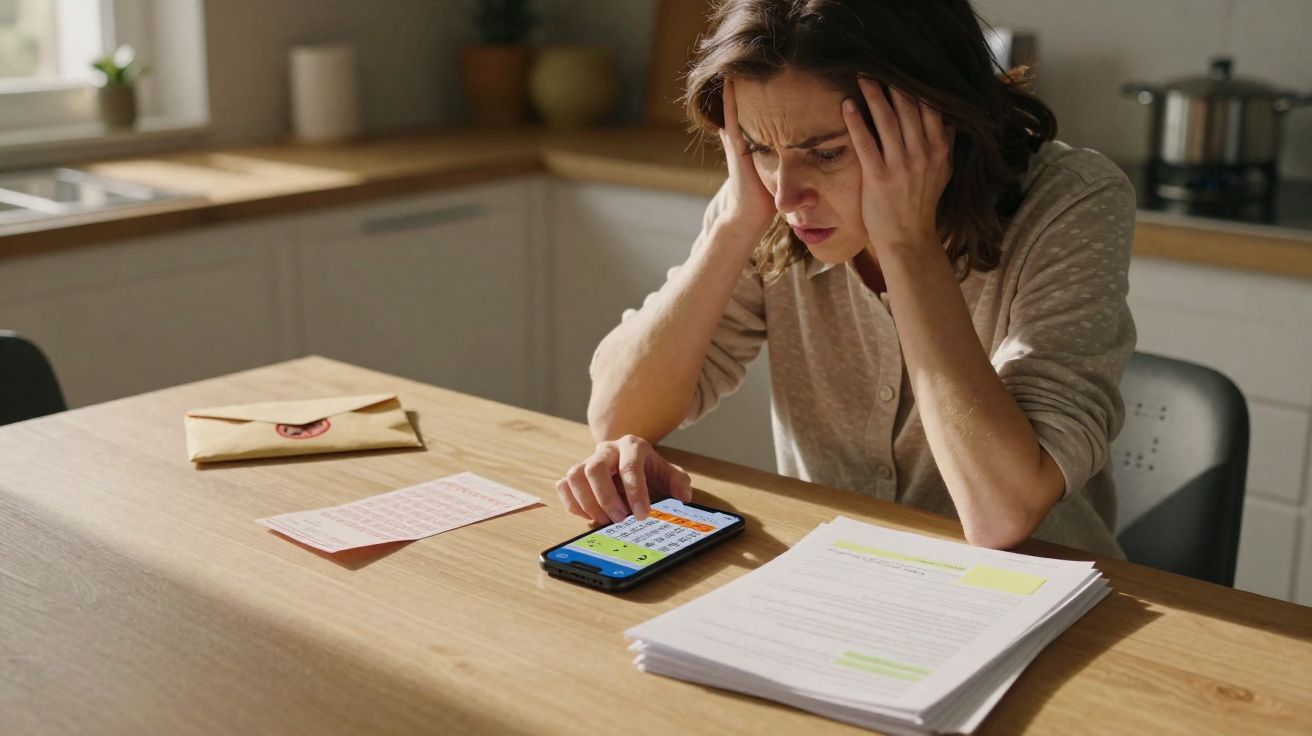 Mulher com expressão preocupada a olhar para um smartphone numa mesa com documentos e cartas.
