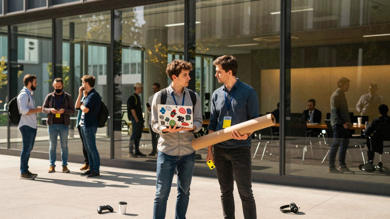 Dois jovens conversam em frente a um edifício com paredes de vidro, um segura um portátil e outro um tubo de papel.