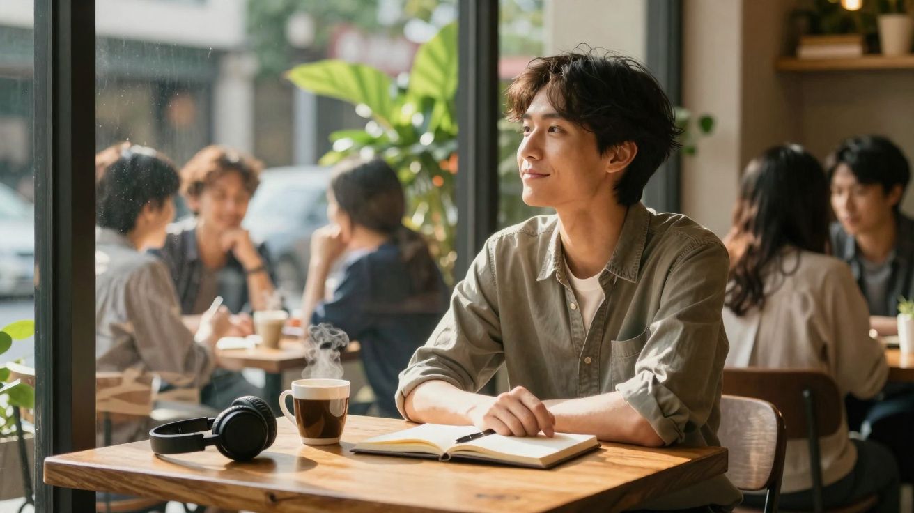 Jovem sentado numa cafeteria com caderno aberto e chá, olhando pela janela com expressão serena.