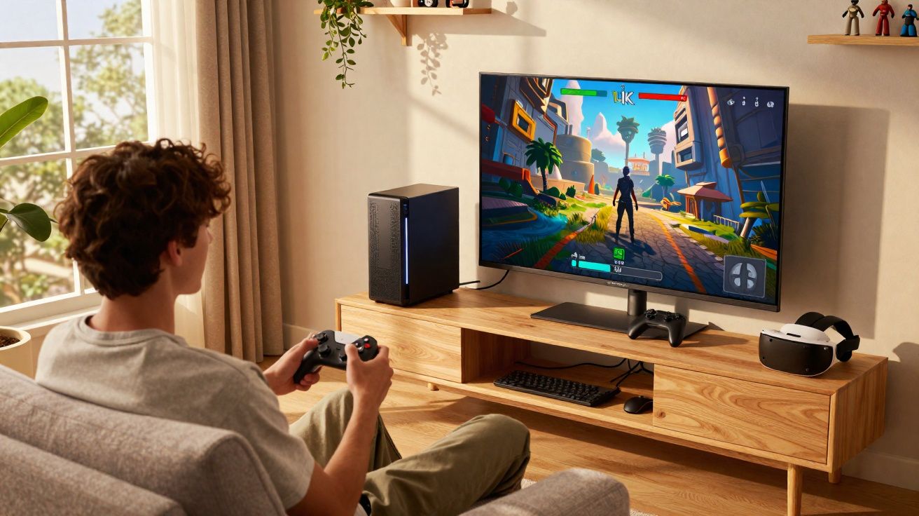 Jovem sentado num sofá a jogar videojogo numa televisão com comando, em sala iluminada durante o dia.