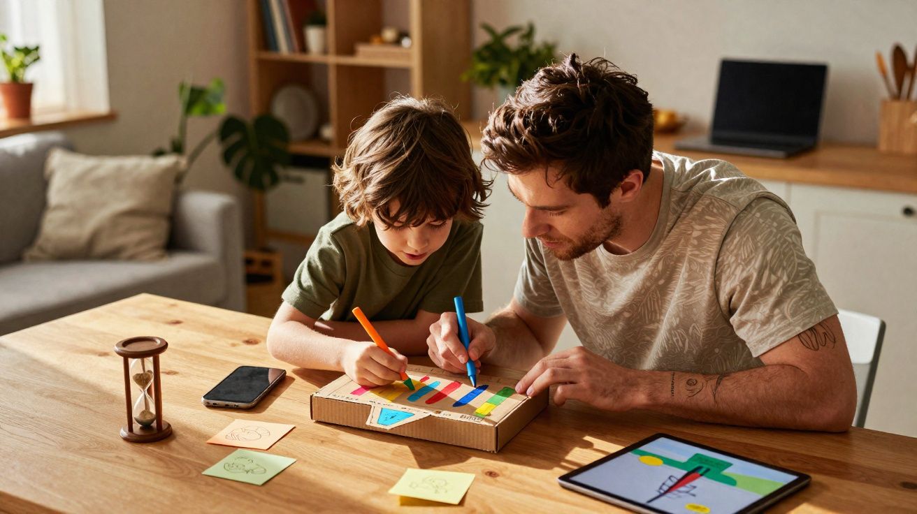 Pai e filho a pintar um projeto artesanal juntos numa mesa de madeira numa sala iluminada.