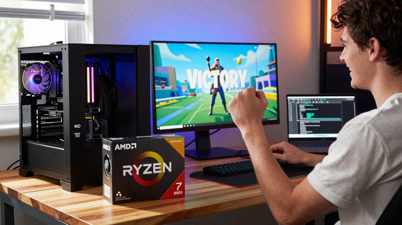 Jovem comemora vitória a jogar no computador numa secretária com caixa de processador AMD Ryzen 7 5800X.