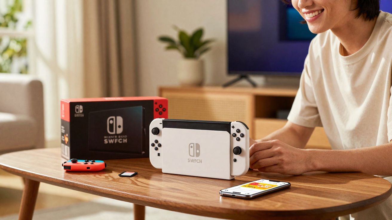 Pessoa sorridente a usar consola Nintendo Switch OLED branca numa mesa de madeira com comandos e smartphone.