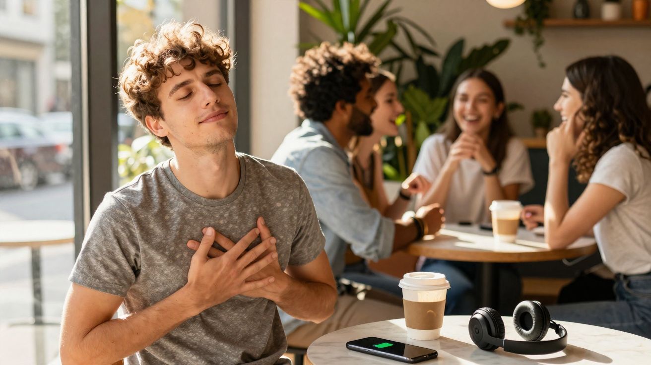 Jovem sentado num café com olhos fechados e mãos no peito, grupo de amigos ao fundo a conversar.