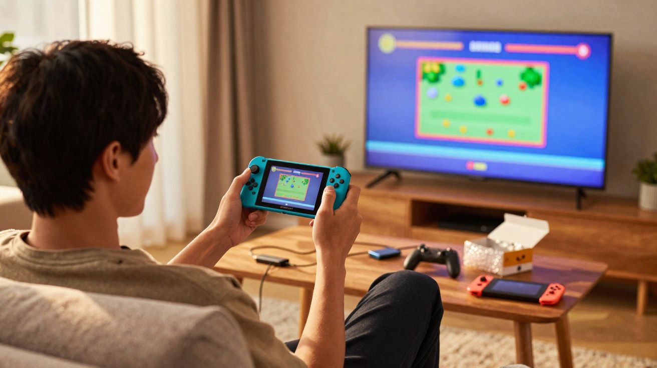 Pessoa sentada no sofá a jogar videojogo com consola portátil, televisão ligada numa sala acolhedora.