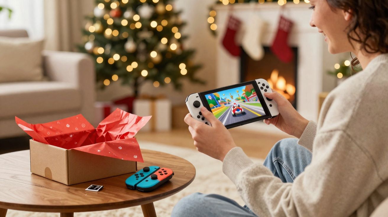 Pessoa sentada a jogar Nintendo Switch numa sala decorada com árvore e presentes de Natal.