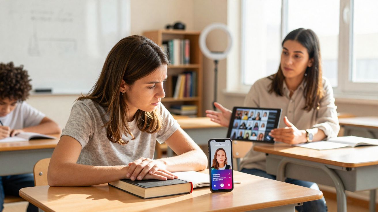 Aluna numa sala de aula com telefone a mostrar videochamada, professora ao fundo com tablet em videoconferência.