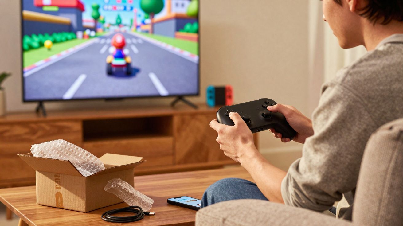 Pessoa a jogar videojogo de corrida na televisão com comando preto numa sala de estar moderna.