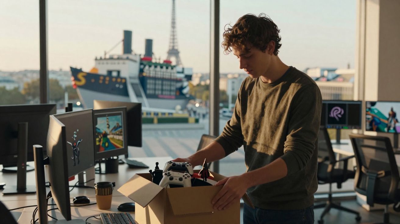 Jovem a guardar objetos pessoais numa caixa dentro de escritório moderno com vista para monumentos.