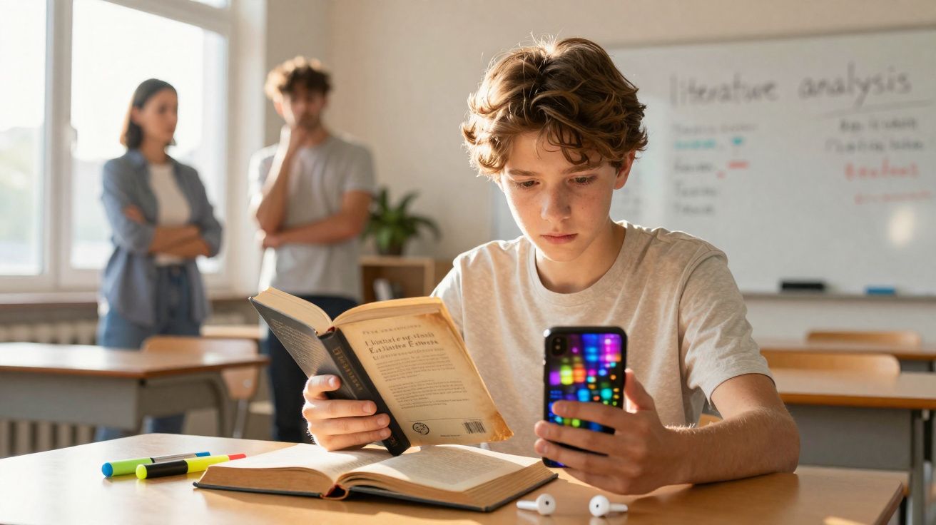Adolescente na sala de aula distraído a olhar para o telemóvel enquanto segura um livro, com dois adultos ao fundo.